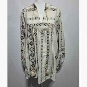 Kasia Bohemian Pattern Tunic Top Balloon Sleeves Size Large White Gold Black